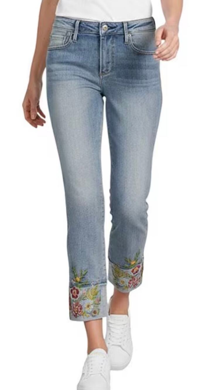 Driftwood Colette Stretch Denim Floral Embroidered Cuffed Cropped Jeans Sz 32